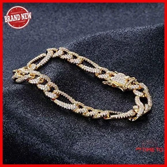 Men's 14K Gold Over Sterling Silver Moissanite Bracelet, 8 Inch Figaro Chain